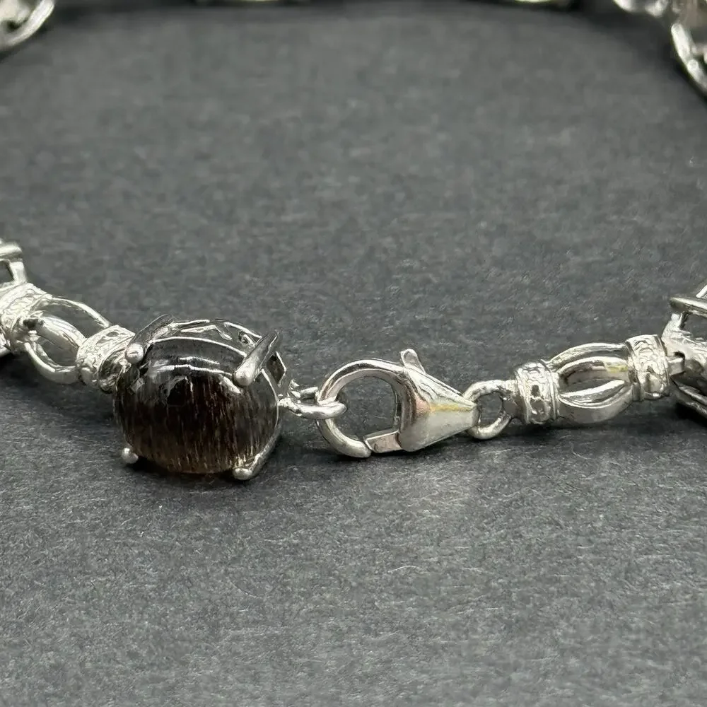 STS 925 Sterling Silver Oval Black Star Sapphire Cabochon Link Bracelet 7.5